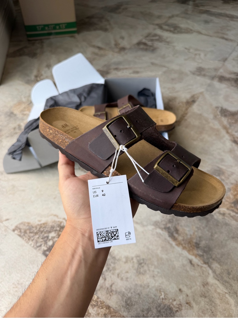 H&M Premium Men’s Brown Double-Buckle Slide Genuine Leather Sandals